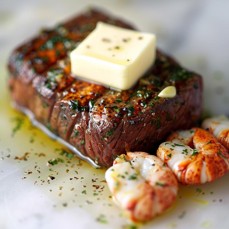 Close-up of perfectly cooked surf and turf on marble.