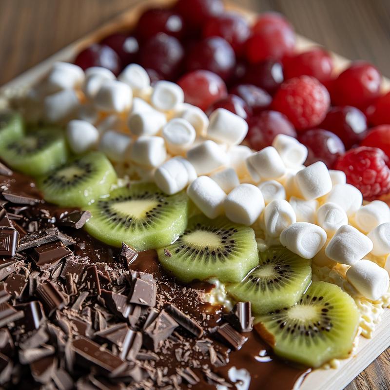 Close-up of chocolate fondue with fruit, marshmallows, on wood.