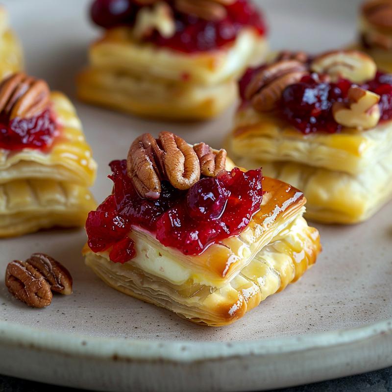 Close-up of baked brie bites with cranberry sauce and nuts on a grey plate.