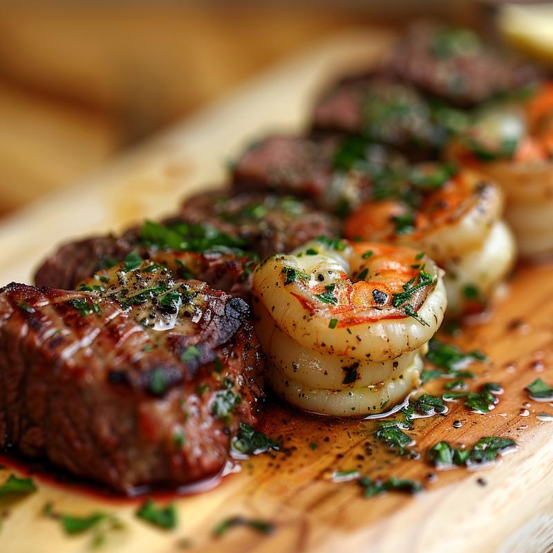Close-up of garlic butter surf and turf with steak, shrimp, garlic, butter, and parsley on wood.