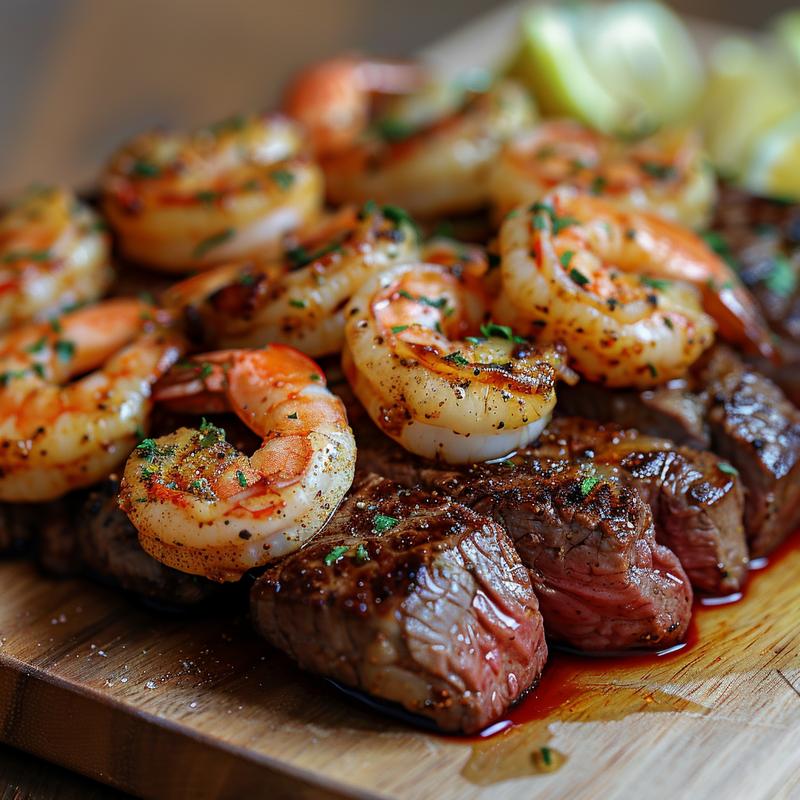 Close-up of air-fried steak and shrimp on a wooden board.