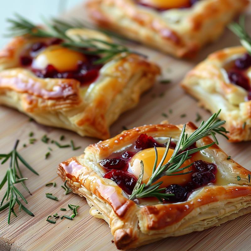 Close-up of small brie cheese Christmas trees on a wooden board.