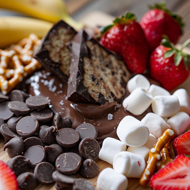 Close-up of chocolate fondue with dippers.