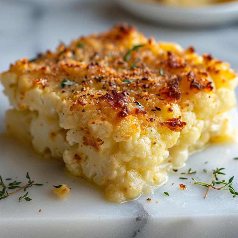 Close-up of a broccoli and cauliflower casserole showcasing its textures on a white marble surface.