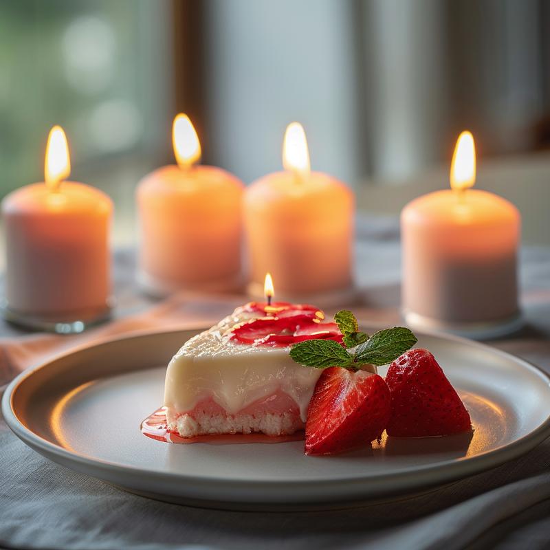 Close-up of a minimalist Valentine's table setting with red and white tablecloth, simple plate, and candles.