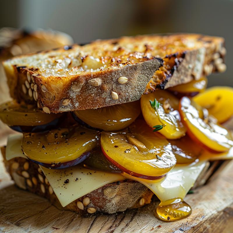 Close-up of a mirabelle and brie sandwich on a wooden board.