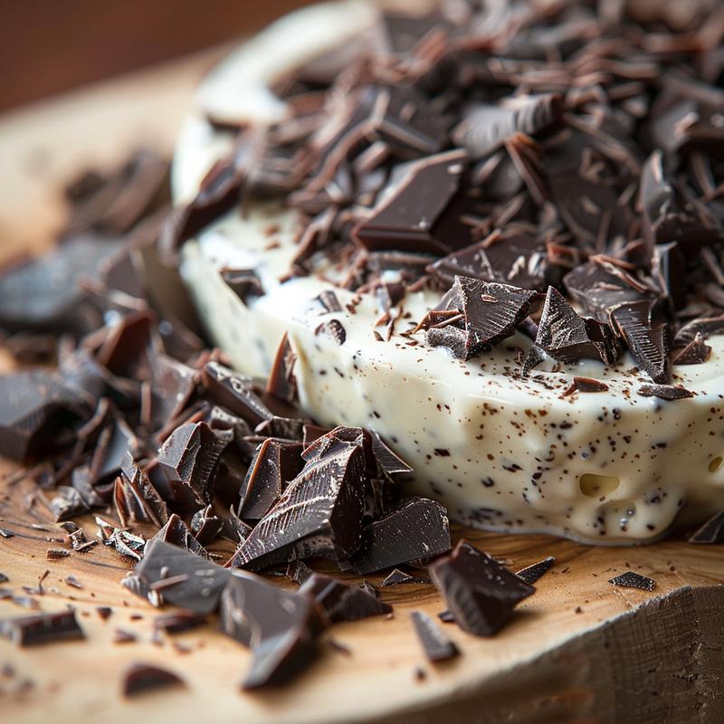Close-up of truffle chocolate fondue on a light wood board.