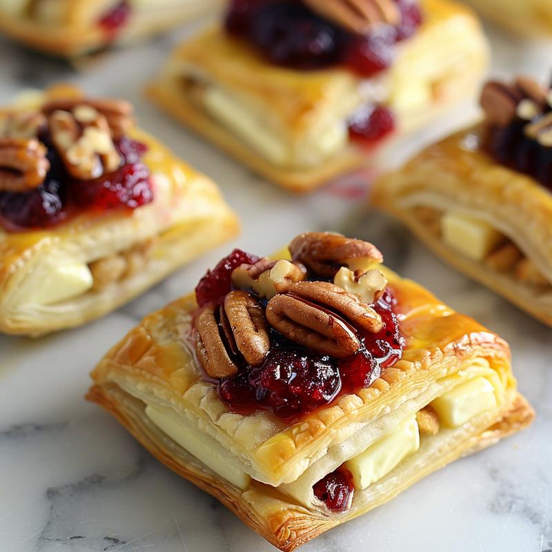 Close-up of golden puff pastry bites filled with melted brie and cranberry sauce on white marble.