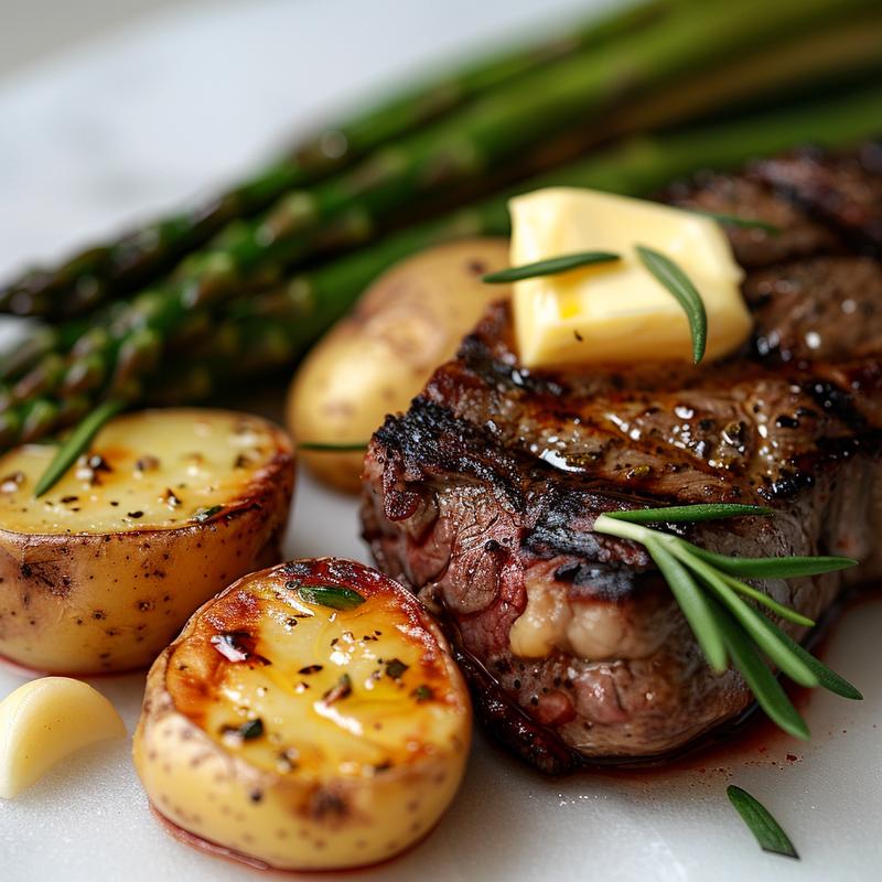 Close-up of steak, asparagus, and potatoes on white marble.