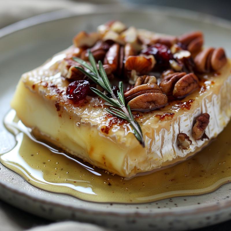 Close-up of microwaved brie topped with nuts and honey on a grey plate.