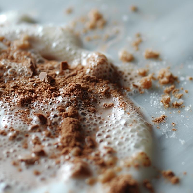 Close-up of rich, creamy homemade hot chocolate with visible ingredients on a white marble surface.