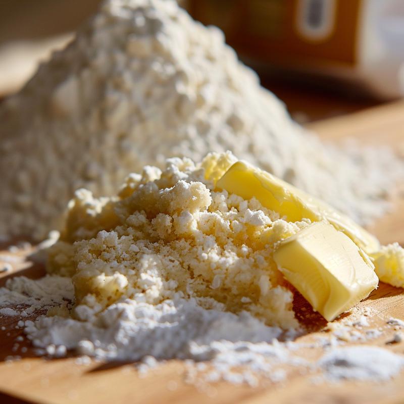 Close-up of baked goods ingredients on wood.