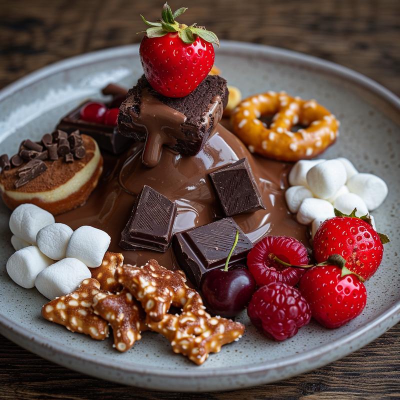 Close-up of chocolate fondue with a fountain and dippable sweets.