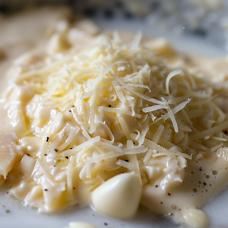 Close-up of cheese fondue ingredients: garlic, wine, lemon juice, Gruyere, and Emmentaler.
