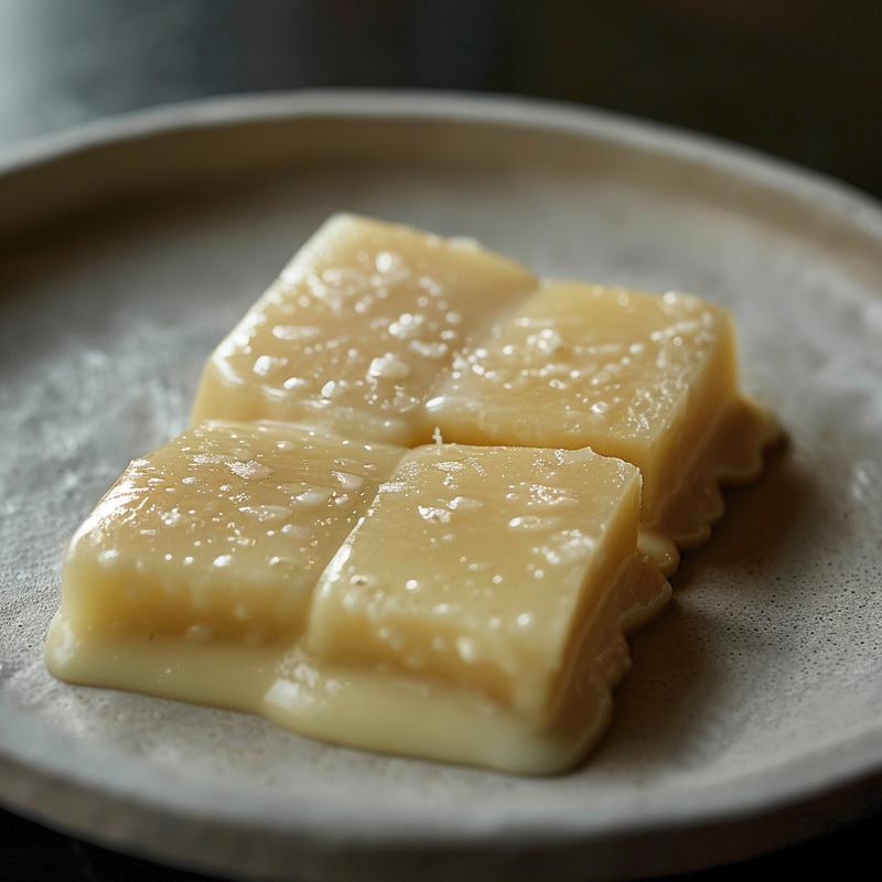 Close-up of cheese fondue with grated Gruyere and Emmental, garlic, and wine on a light gray plate.