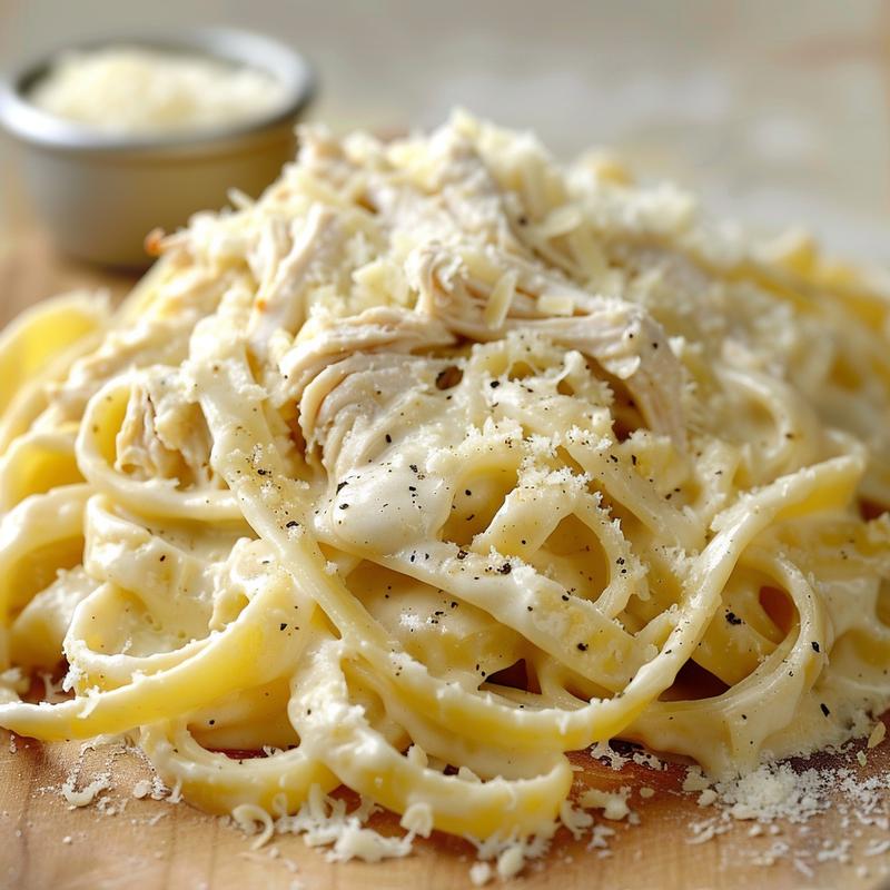 Close-up of creamy chicken Alfredo bake with visible pasta, chicken, and parmesan.