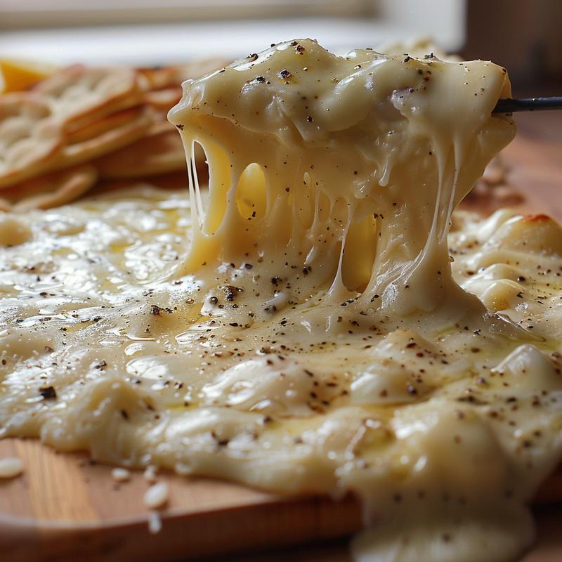 Close-up of cheese fondue with visible shredded Gruyere and Emmental, garlic, wine on wood.