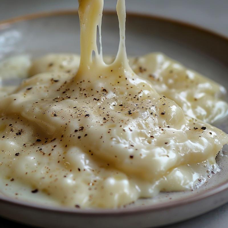 Close-up of Swiss cheese fondue on a light grey ceramic plate.