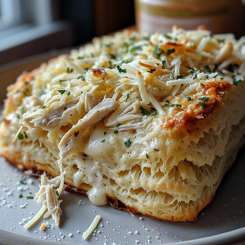 Close-up of creamy chicken alfredo biscuit bake on a light grey plate.