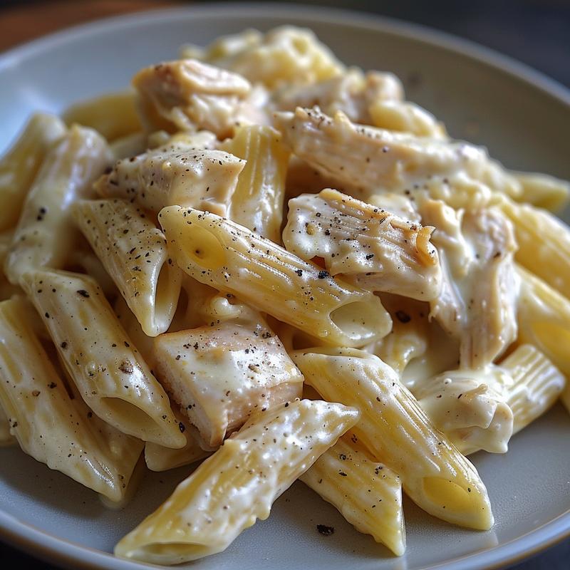 Close-up of creamy chicken alfredo casserole on a grey plate.