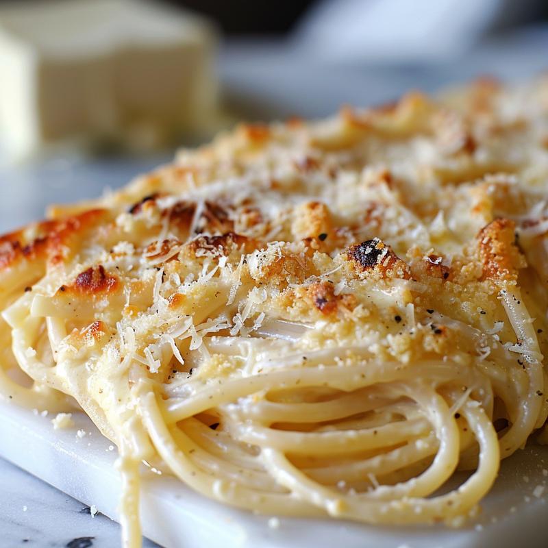 Close-up of baked cream cheese spaghetti on white marble.