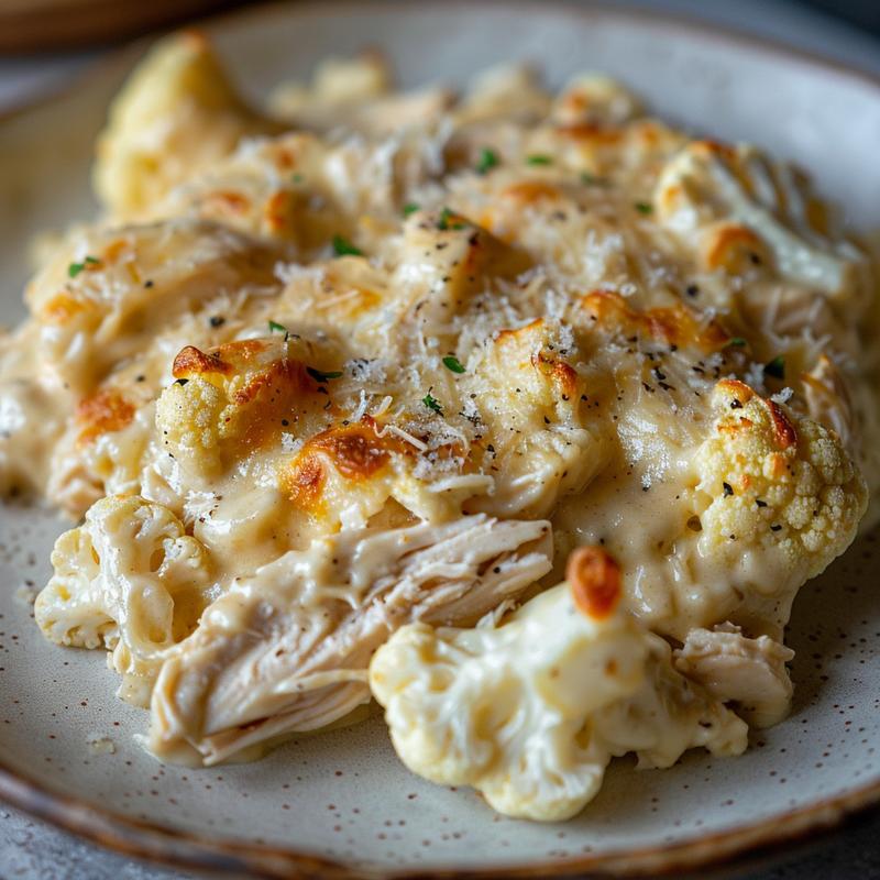 Close-up of creamy chicken alfredo casserole with visible chicken and cauliflower.