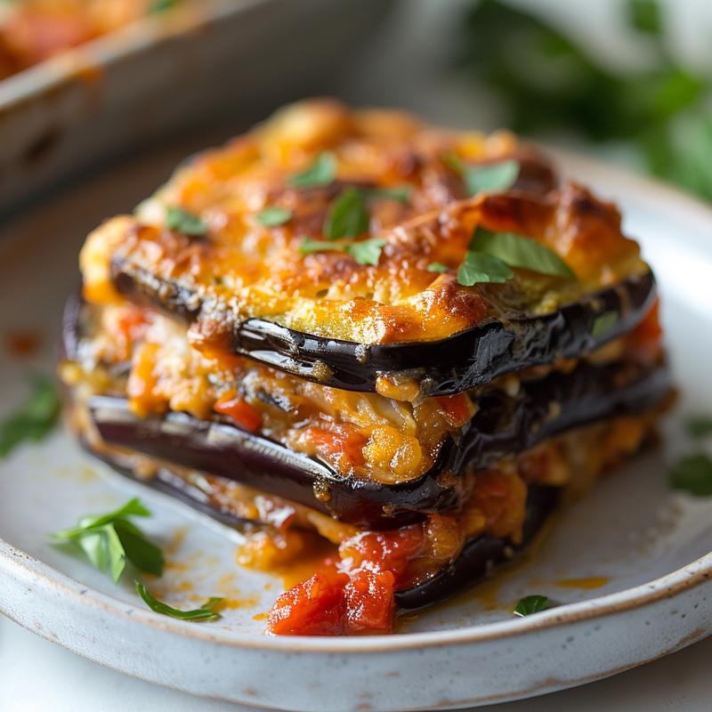 Close-up shot of a serving of zucchini casserole on a light grey ceramic plate.