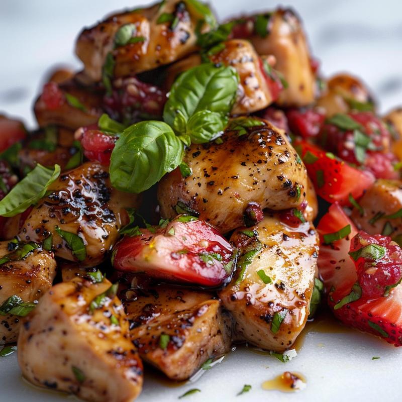 Close-up of balsamic chicken topped with strawberry basil relish.