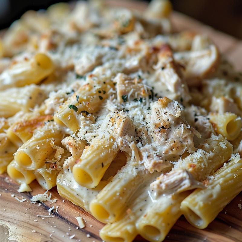 Close-up of creamy chicken Alfredo baked ziti on wood.
