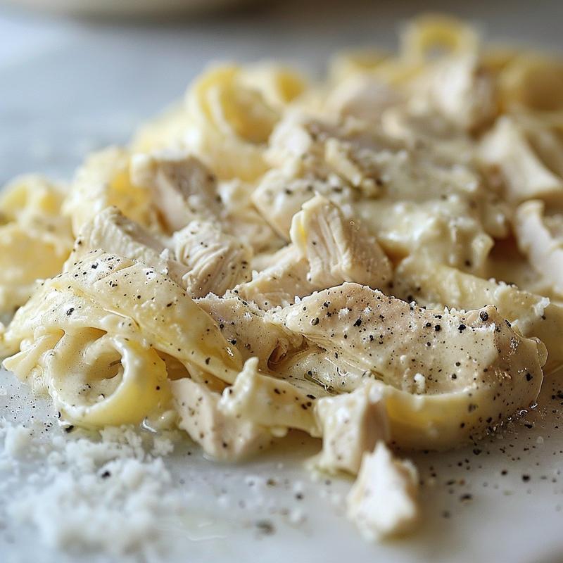 Close-up of creamy keto chicken alfredo with visible chicken pieces on a white marble surface.
