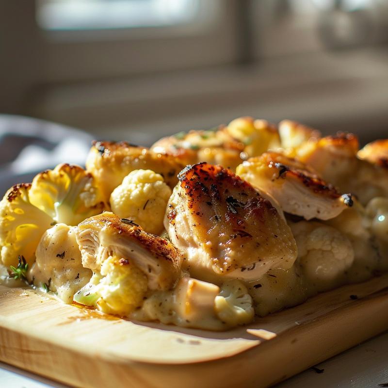 Close-up of a portion of chicken zucchini casserole on a wood board, showcasing its textures.