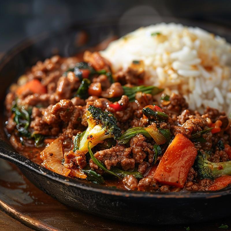 Close-up of a spicy ground beef stir fry bowl with garlic vegetables and steamy rice on a rustic, chipped plate in dramatic lighting.