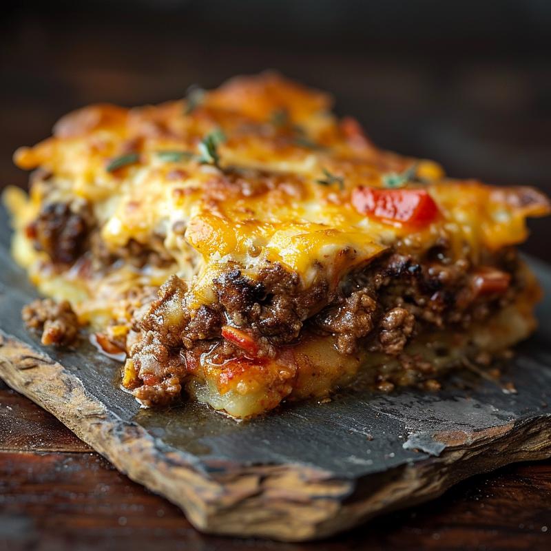Close-up of cheesy keto ground beef casserole on a cast iron surface.