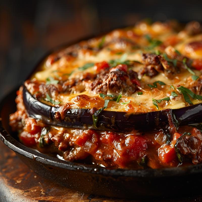 Close-up of a serving of ground beef zucchini casserole on a cast iron surface, highlighting textures and colors.