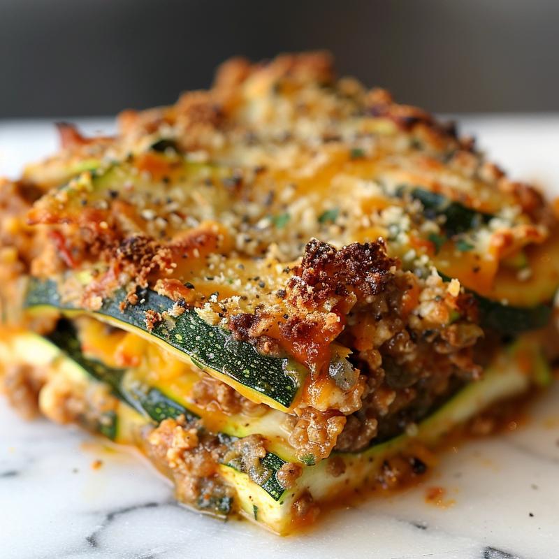 Close-up of a creamy rotisserie chicken zucchini casserole topped with breadcrumbs.