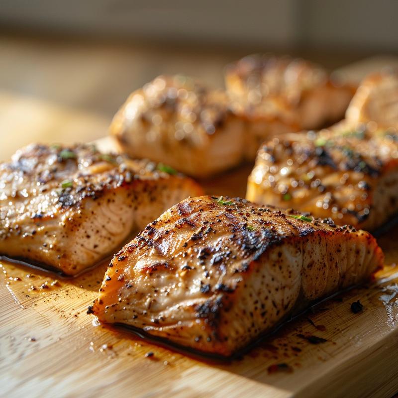 Close-up view of a beautifully arranged portion of batch cooking recipes on a wooden board.