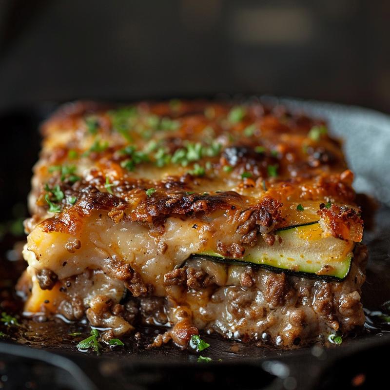 Close-up of a delicious Italian beef and zucchini casserole on a rustic wooden table, illuminated by moody lighting.