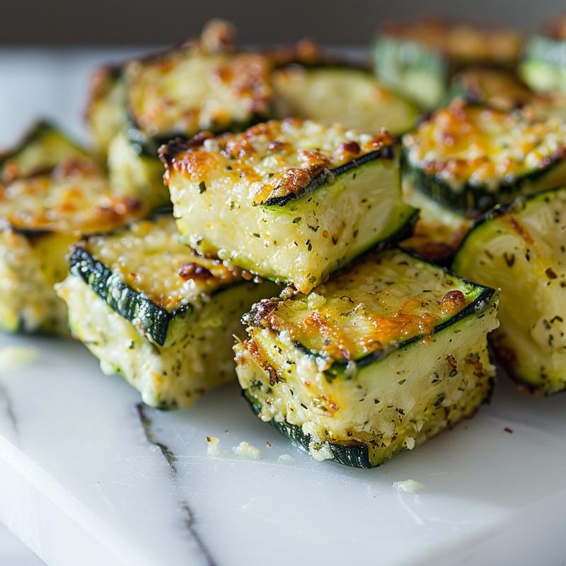 Close-up of a portion of zucchini casserole with stuffing mix on a wooden board.