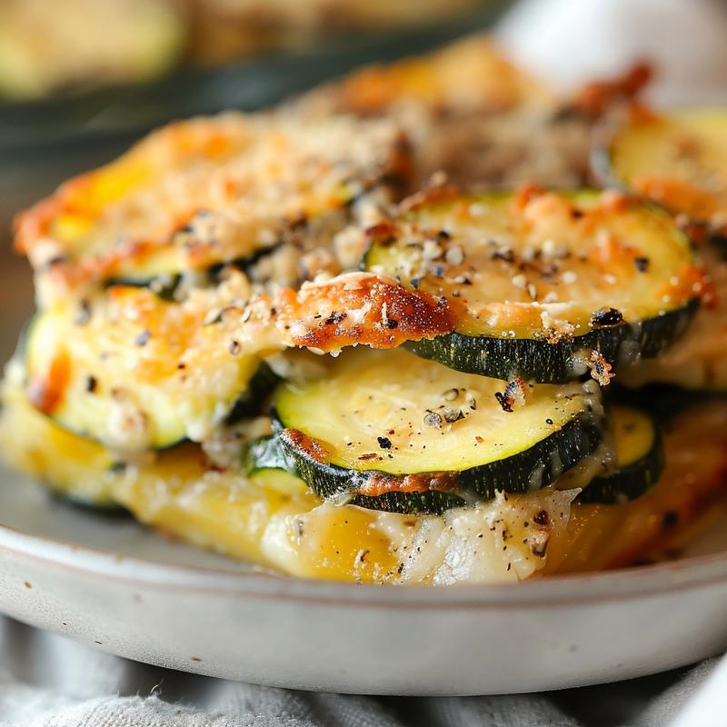 Close-up view of a portion of chicken zucchini bake on a light grey plate.