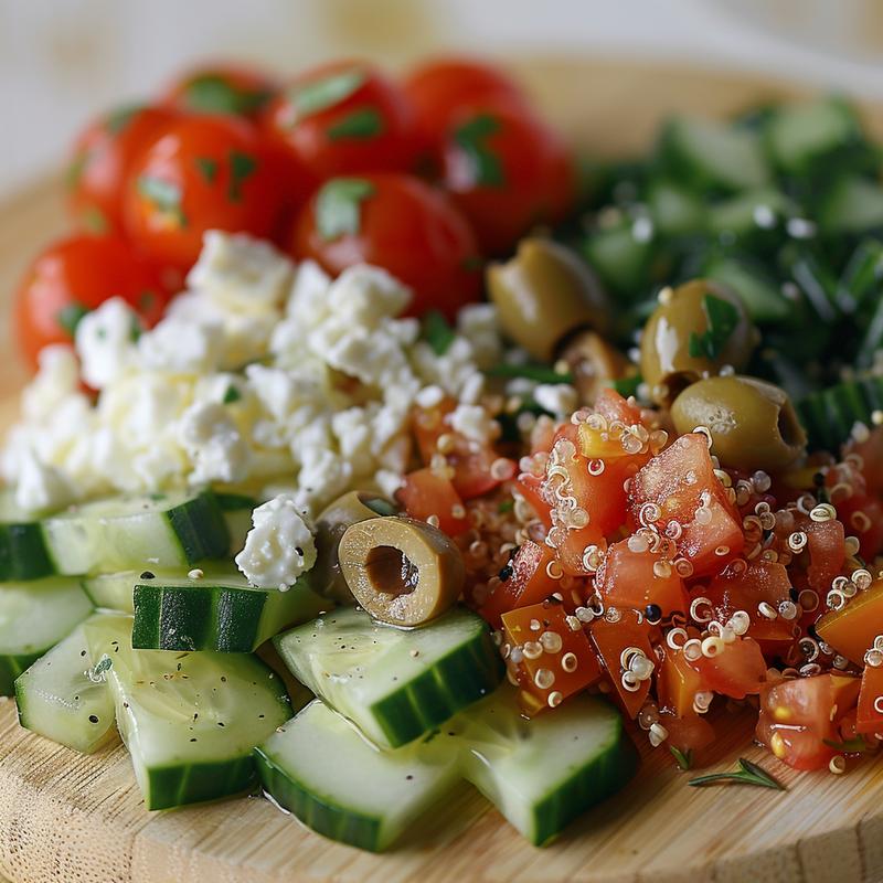 Close-up of a Mediterranean diet meal: quinoa, cucumber, tomato, olives, and feta on wood.