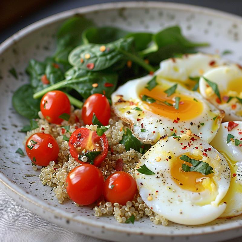 Close-up of a Mediterranean breakfast bowl with quinoa, eggs, spinach, tomatoes, and olive oil on a light grey plate.