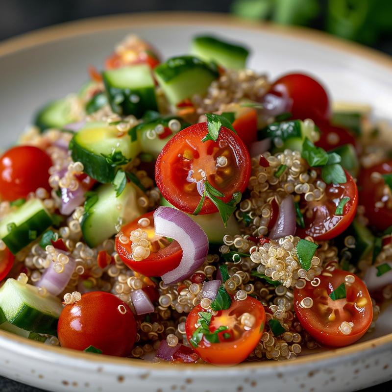 Close-up of Mediterranean quinoa bowl with visible quinoa, vegetables, and light grey plate.
