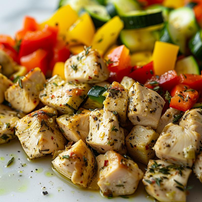 Close-up of Mediterranean meal prep with chicken, peppers, and zucchini.