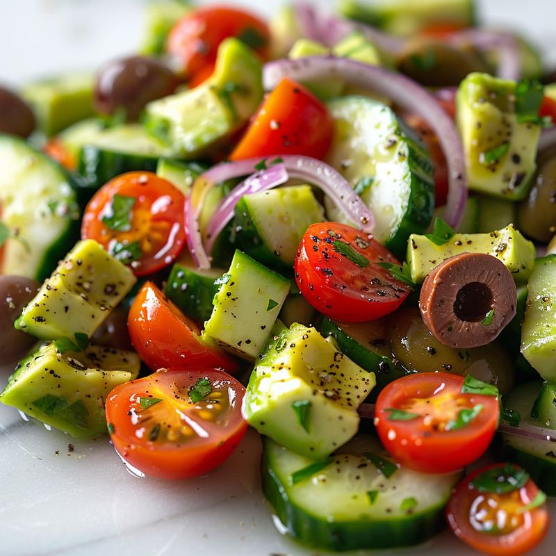 Close-up of a vibrant avocado salad with diced avocado, cucumber, red onion, tomatoes, and olives on white marble.
