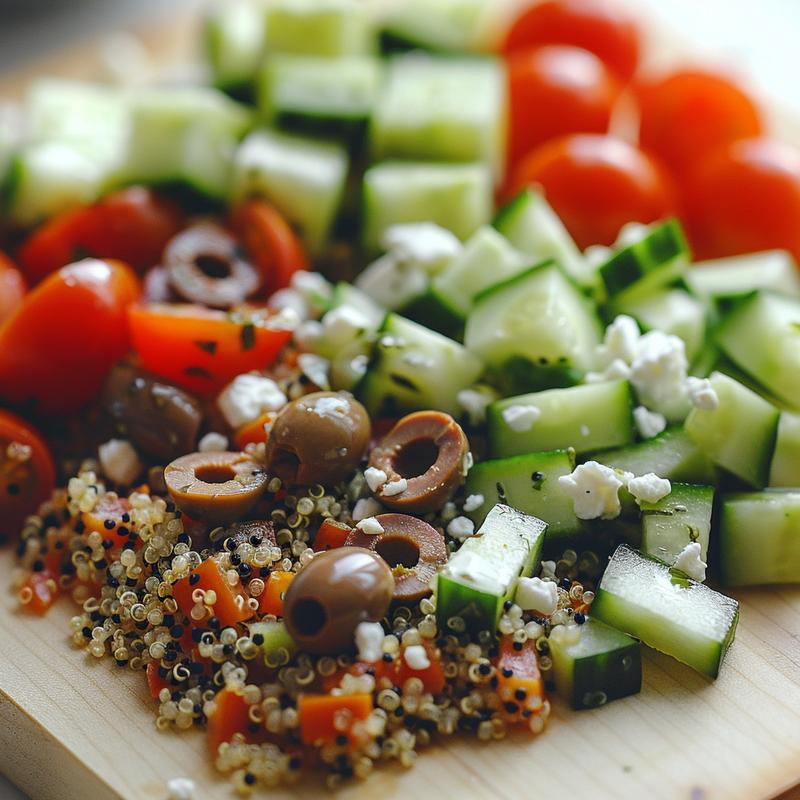 Close-up of a Mediterranean meal prep lunch box featuring quinoa, cucumber, tomatoes, olives, and feta on a light wood board.