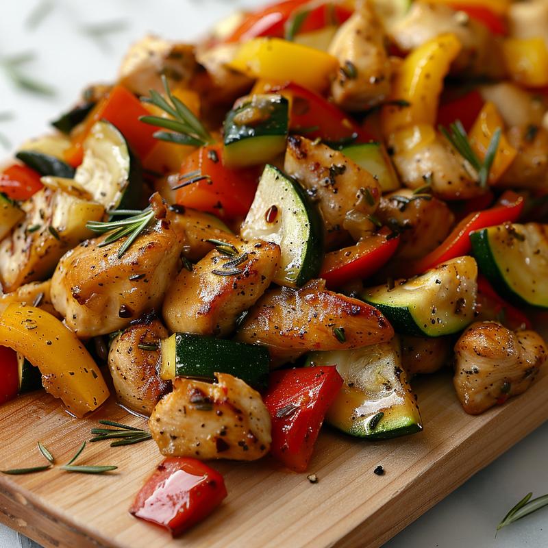 Close-up of chicken stir-fry with peppers and zucchini on wood.