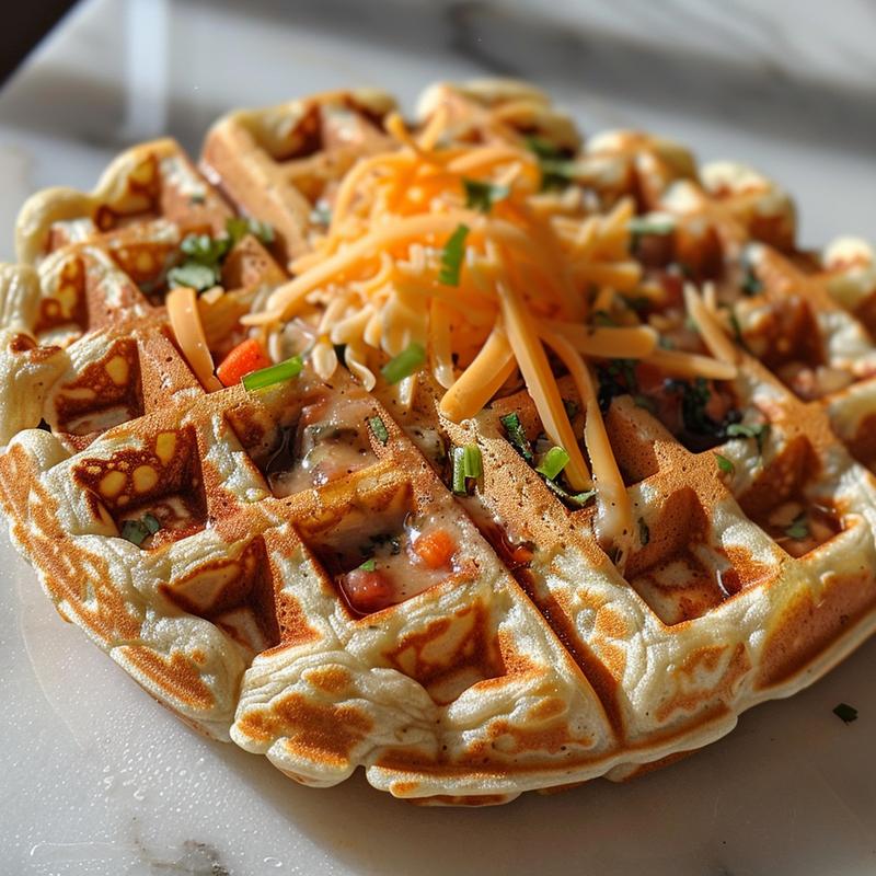 Close-up of savory waffles with cheese and veggies on white marble.
