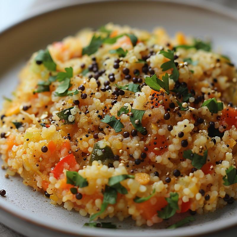 Close-up of vegetable upma on a light grey plate.
