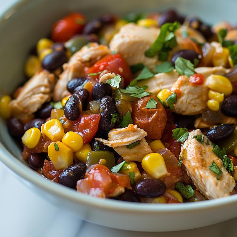Close-up of a clean eating crockpot meal with chicken, beans, corn, and tomatoes.