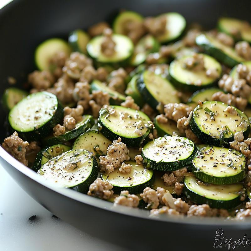 Close-up of ground turkey and zucchini skillet dish.